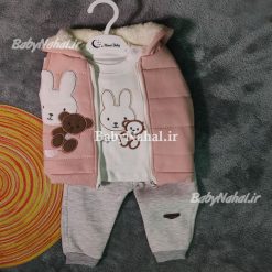 225 سه تيكه پافردار گلدوزي خرس و بيبي مون بيبي كد 13399